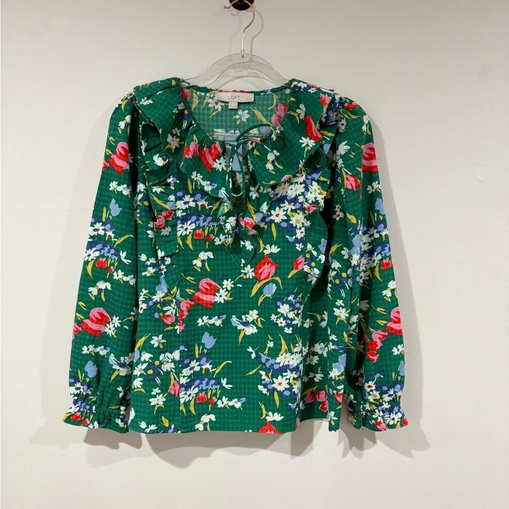 Loft Floral Green Ruffle Blouse - Picture 6 of 8